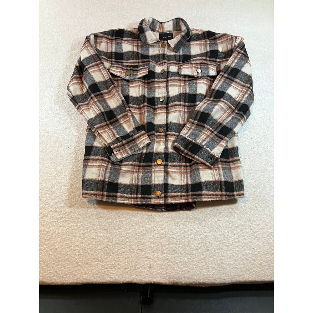Timing Flannel Jacket Womens Small Plaid Shacket Button Front Tan Black Cream